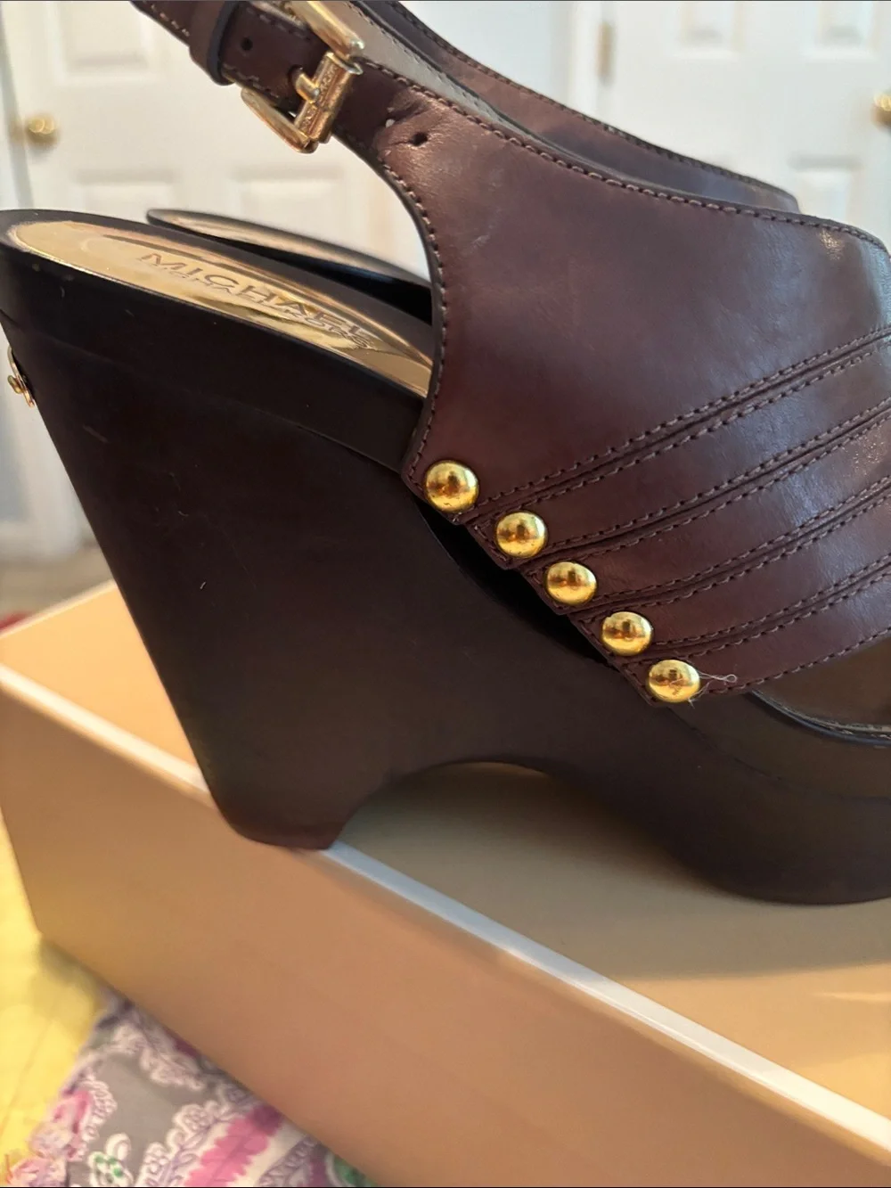 Michael Kors Dark Brown Leather Studded Wedge Sandals—NWOT